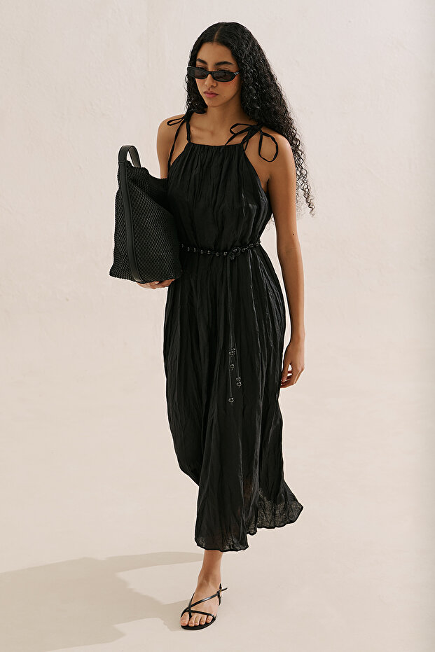 Linen Wide Pleated Dress Black