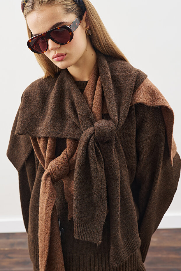 Square Neck Tie-Up Knitwear Scarf Brown