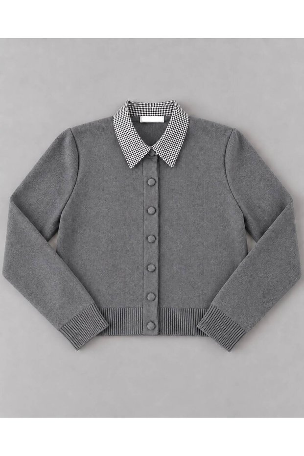 Women's Collared Fabric Detailed Buttoned Knitwear Cardigan