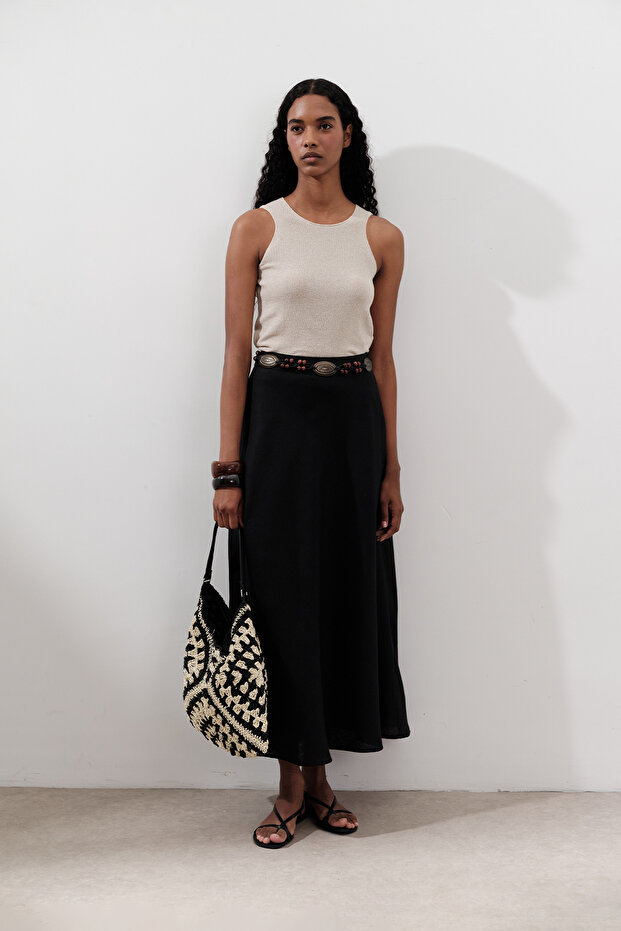 Linen Stitched Detail Skirt Black