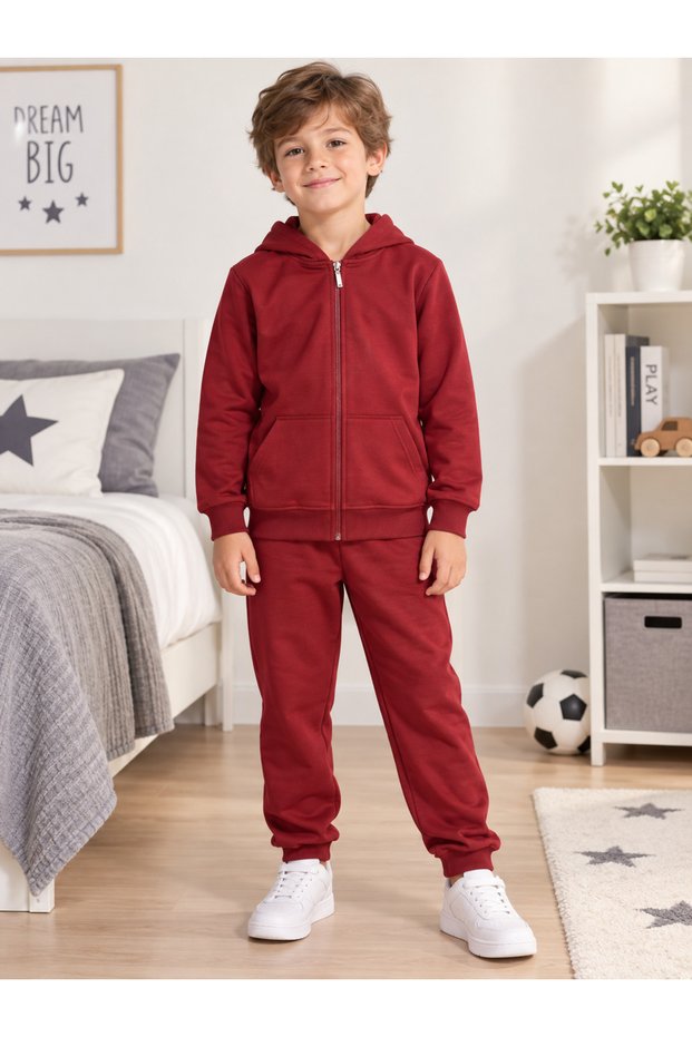 Boys' Burgundy Cotton Hooded Zippered Bottoms with Pockets on the Top Tracksuit Set Suitable for School