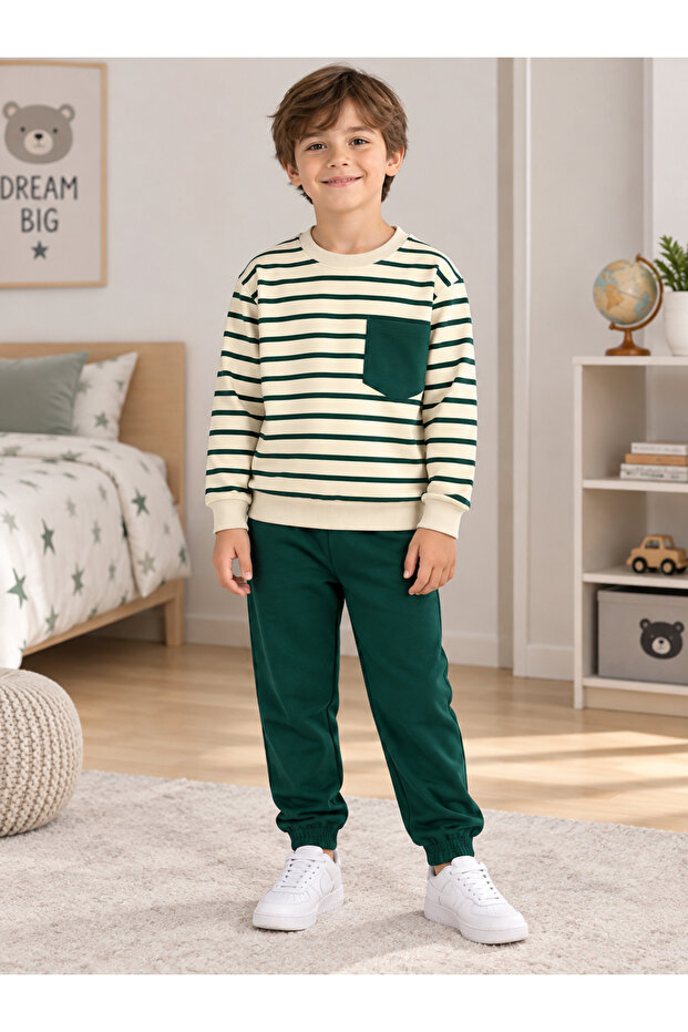 Boy's 100% Cotton Beige Color Green Striped Long Sleeve Pocket Tracksuit Set