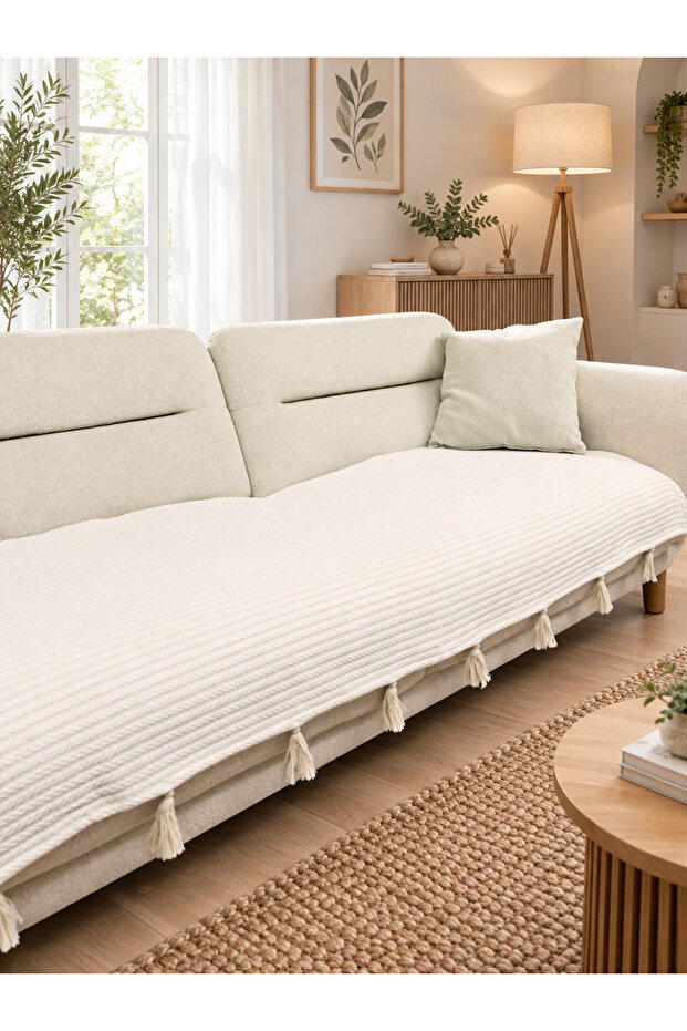 Tasseled Shawl Model Sofa Cover Ecru 230X100 | 100% Cotton Knitted, Non-Slip, Decorative Home Textile