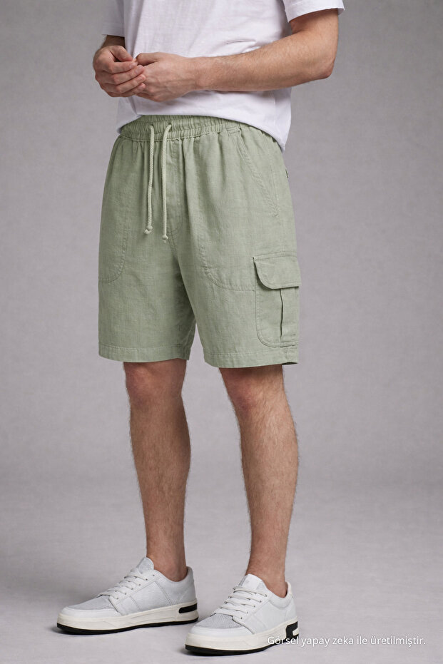 Men's Casual Cargo Pocket A.Green Linen Shorts with Elastic Waist