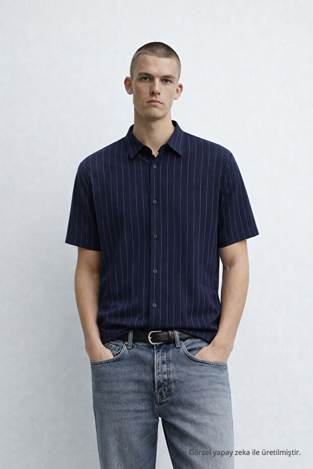 Men's Short Sleeve Striped Navy Blue Summer Shirt
