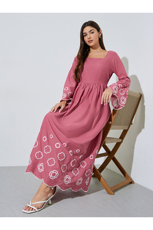 Pink Embroidered Long Bell Sleeves Smock Maxi Dress
