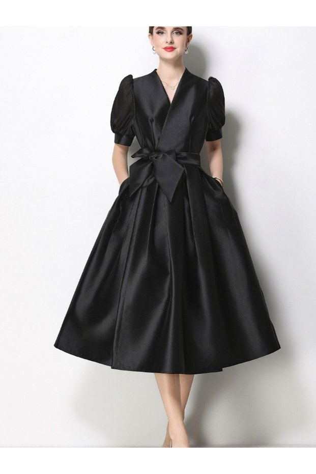 Black Box Pleat Puff Sleeves A-Line Midi Dress