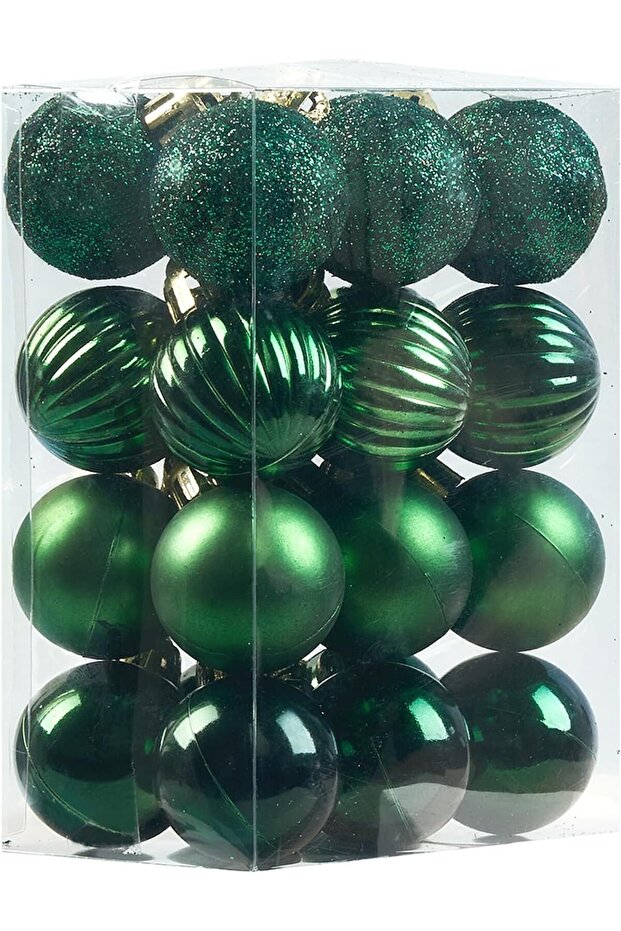 Christmas Tree Ornaments, Dark Green Shatterproof Balls, 24 Piece Set, 6cm Diameter, 4 Styles - Glitter, Matte, Ribbed, Shiny Finish for Holiday Decorations