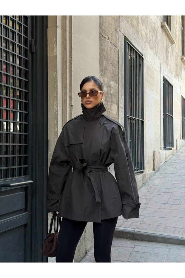 Half-Cape Buttoned Belted Trench Coat