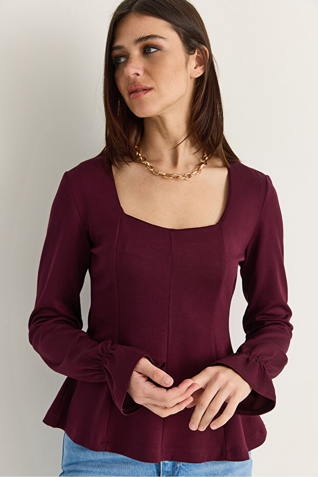 Women's Plum Square Collar Gathered Sleeve Detailed Blouse Modal 588 60286493