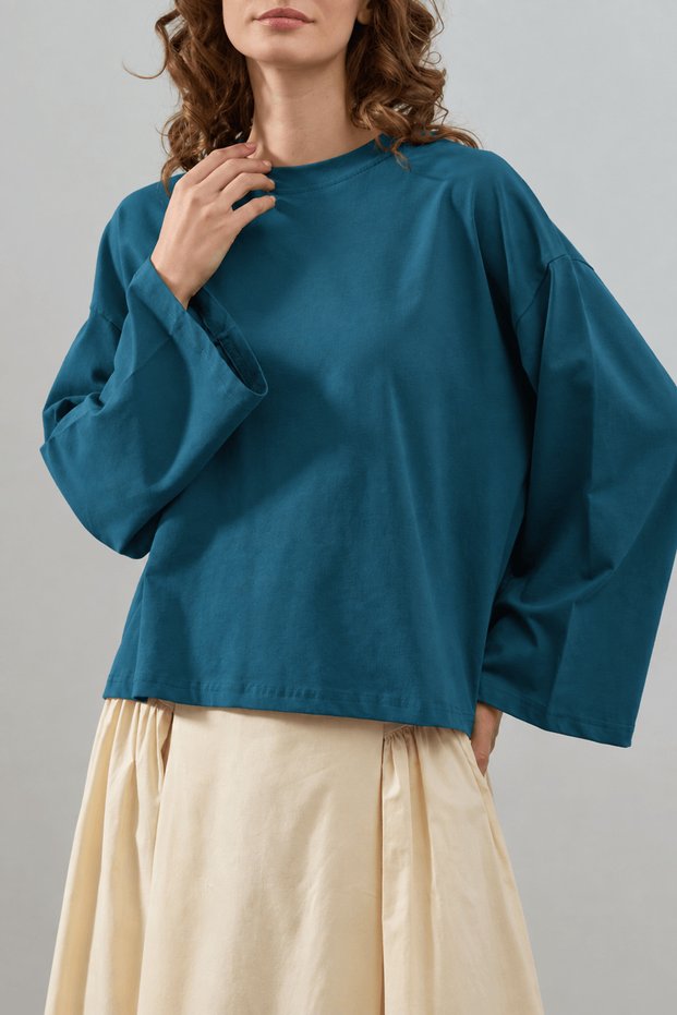 Crew Neck Wide Sleeve Blouse - Petrol Blue
