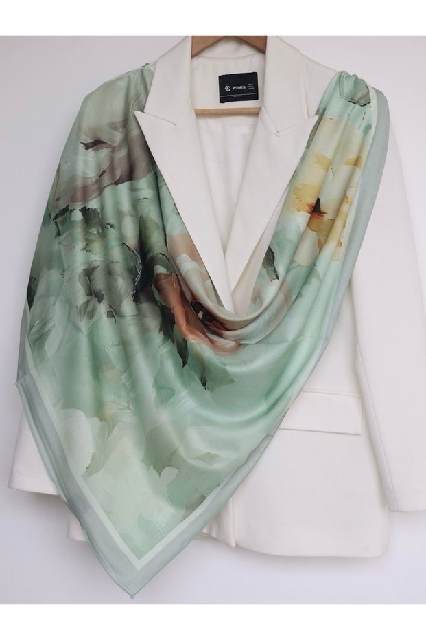 Ebruli Flowers Patterned Silk Shawl - Green