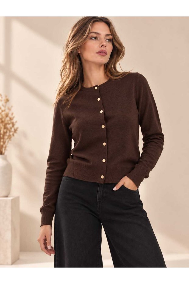 New Season Seasonal Thin Knitted Gold Buttoned Crew Neck Women's Cardigan
