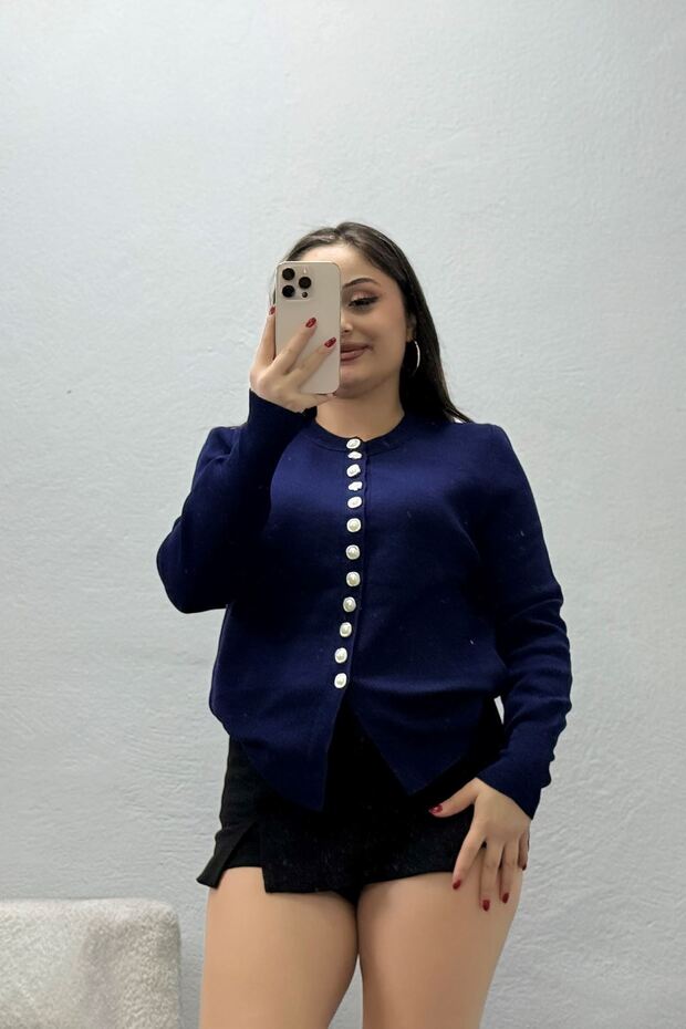 Women's Pearl Buttoned Knitwear Cardigan Navy Blue