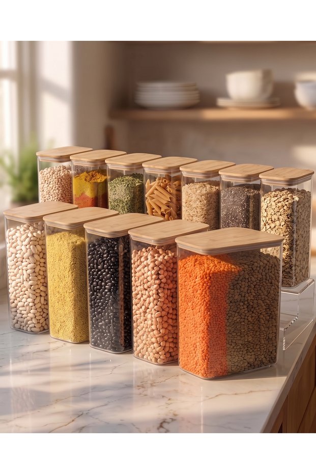 Set of 12 3 Liter Premium Food Storage Containers with Wooden Lids | Kitchen Organizer | Pulses, Flour, Sugar, and Dry Food Container
