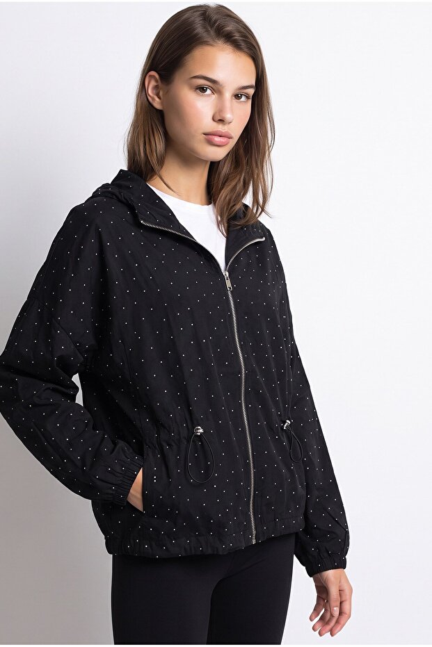 2237 Stoned Adjustable Drawstring Hooded Zippered Jacket Black