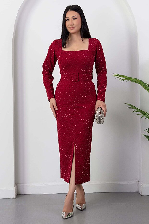 Square Neckline Front Slit Stoned Dress 2026-5004