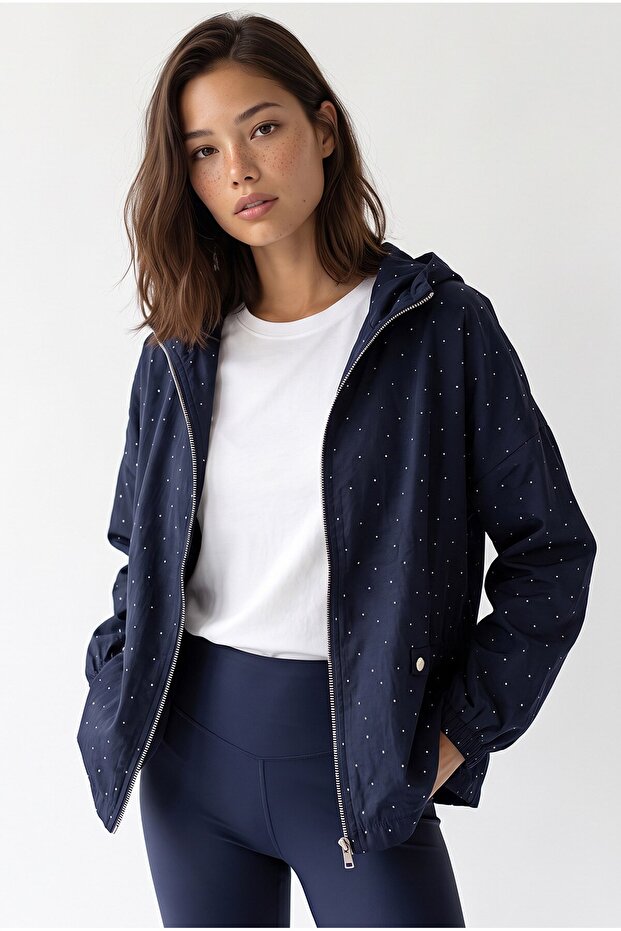 2237 Stoned Adjustable Drawstring Hooded Zippered Jacket Navy Blue