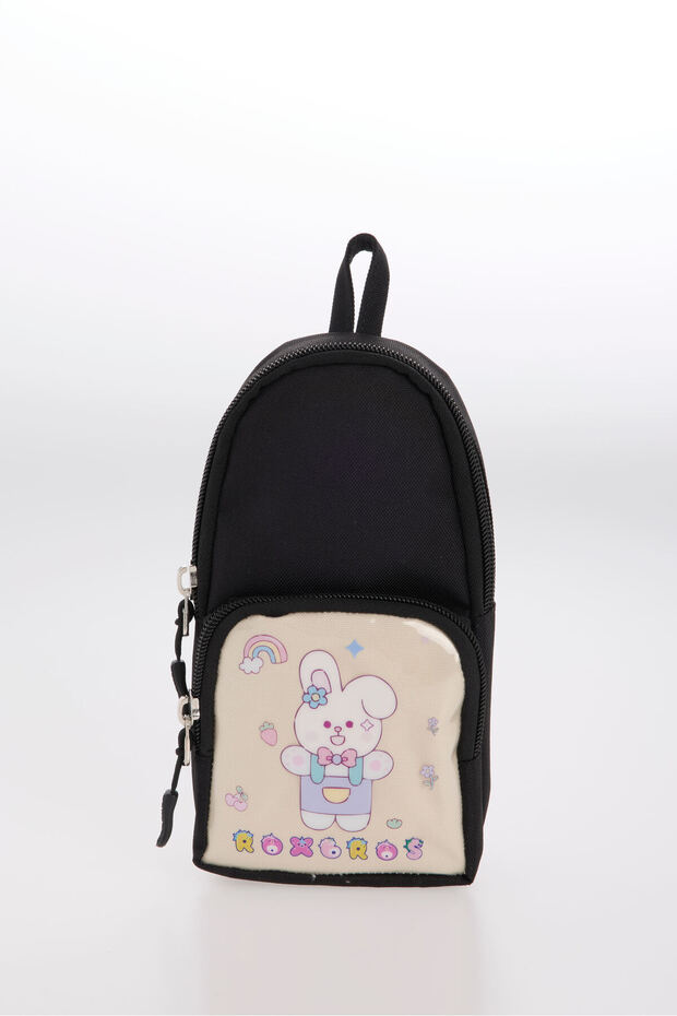 Black Pen Holder with Rabbit Figure and Transparent Pockets and 2 Compartments