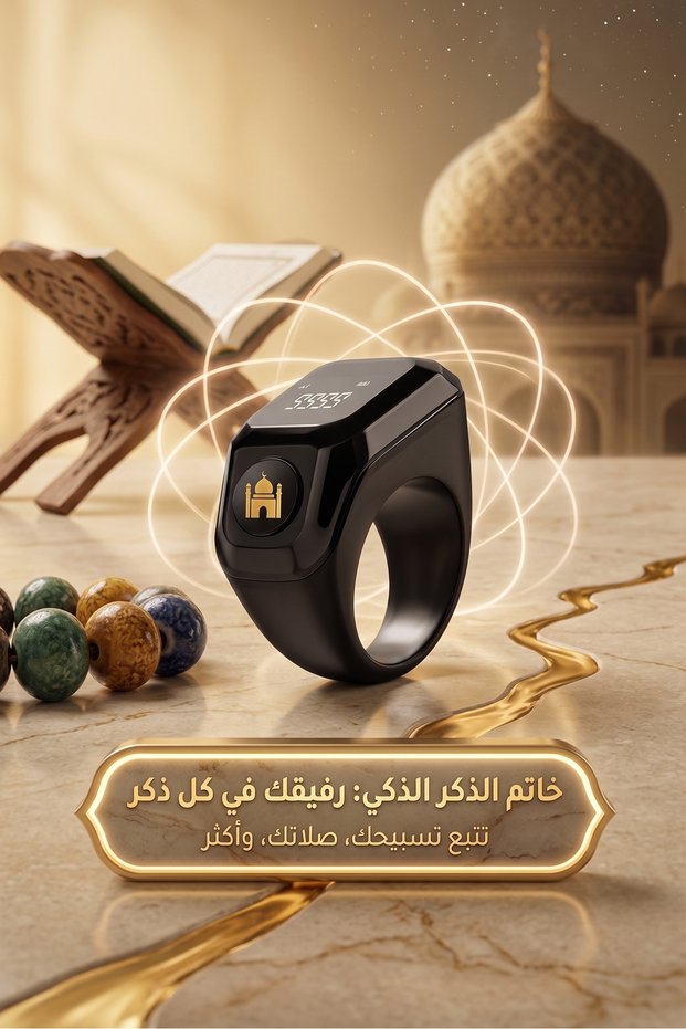 خاتم ذكي للذكر بطول 18 متر مع خاصية التذكير بالاهتزاز وعداد التسبيح واتصال بلوتوث