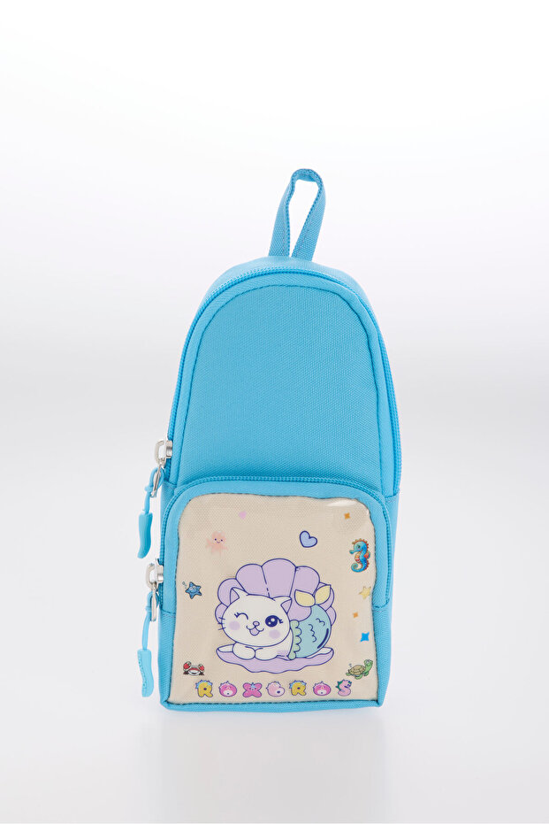 Turquoise Pen Holder with Cat Figure and Transparent Pockets and 2 Compartments