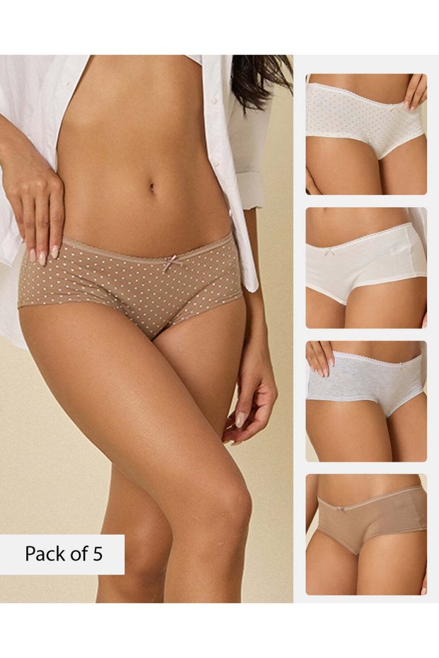 Women Assorted Printed Boy Leg Brief (Pack of 5)