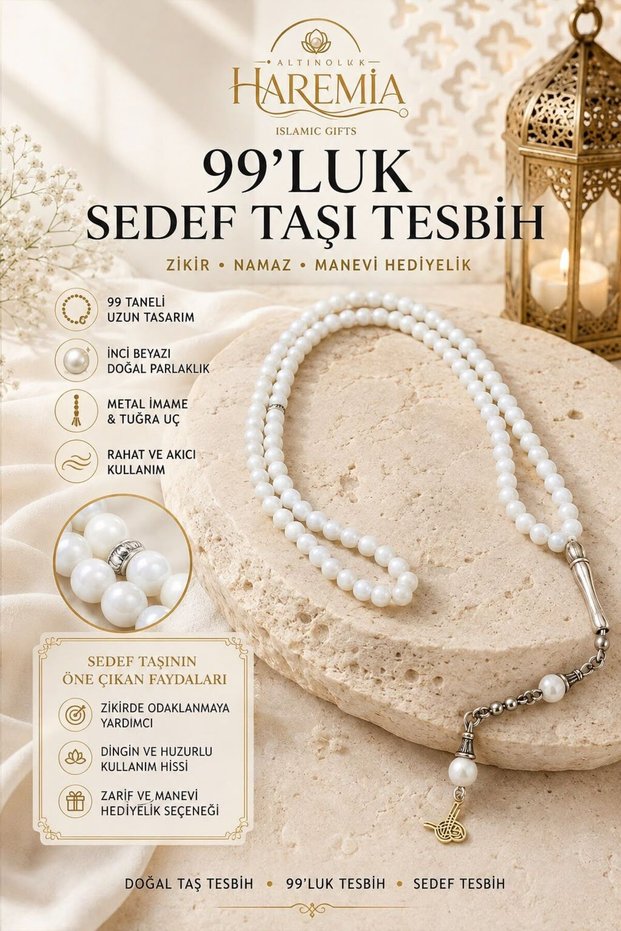 99-Piece Prayer Beads – Pearl White Grained Metal Imami Tuğra Tip Prayer Beads