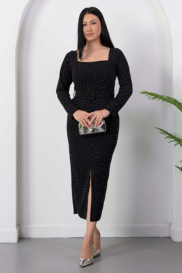 Square Neckline Front Slit Stoned Dress 2026-5004