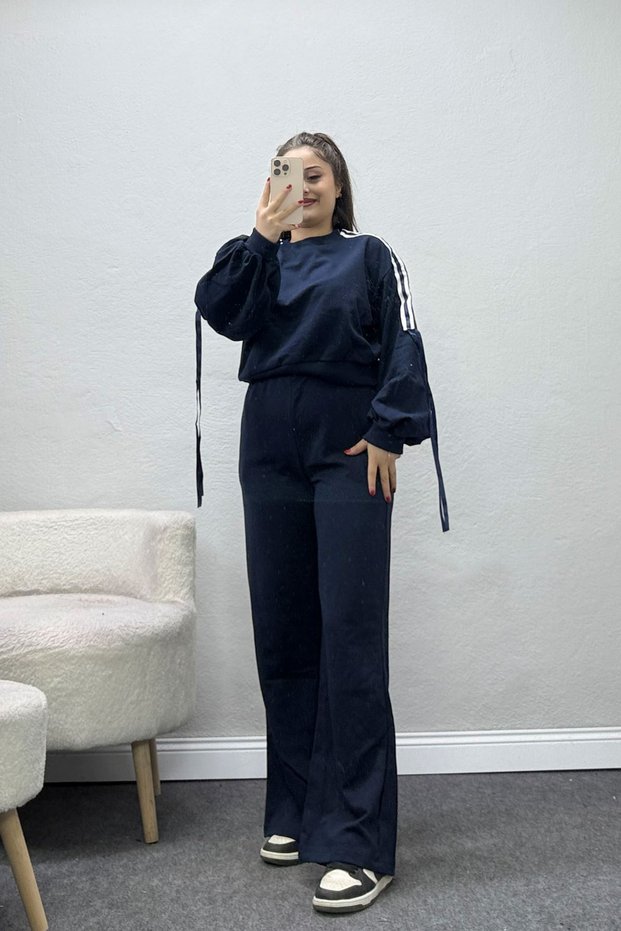 Women's 2 Thread Stripe Tracksuit Set Navy Blue