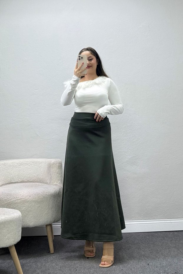 Women's Puff Scuba Fabric Long Skirt Khaki