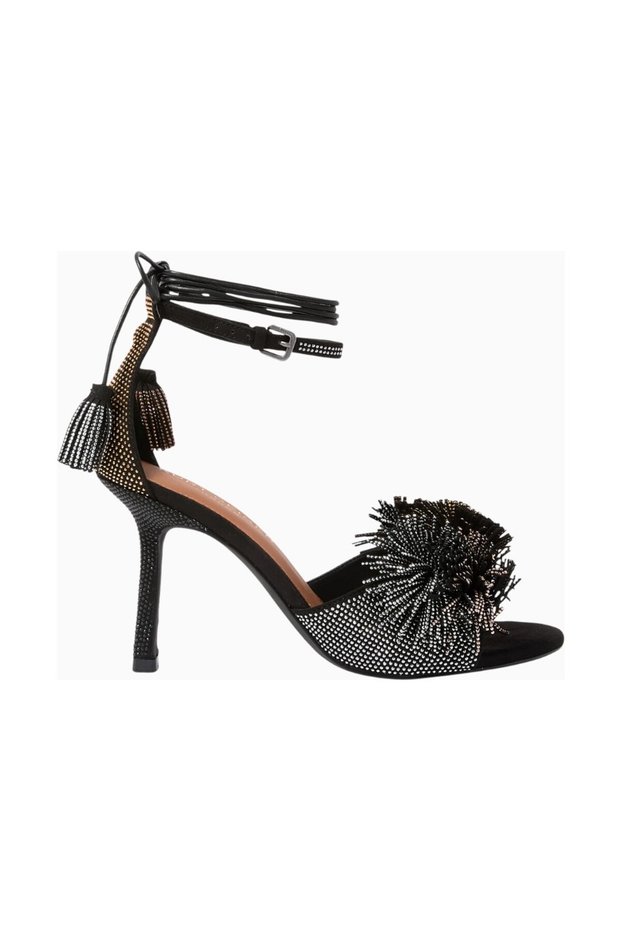 Pom Pom 70 Ankle Tie Sandals, Elegant Lace-Up Heeled Shoes with Suede Detail