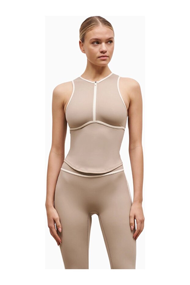 Base Contrast Trim Sleeveless Zip up Shapewear Zipper Women's Top