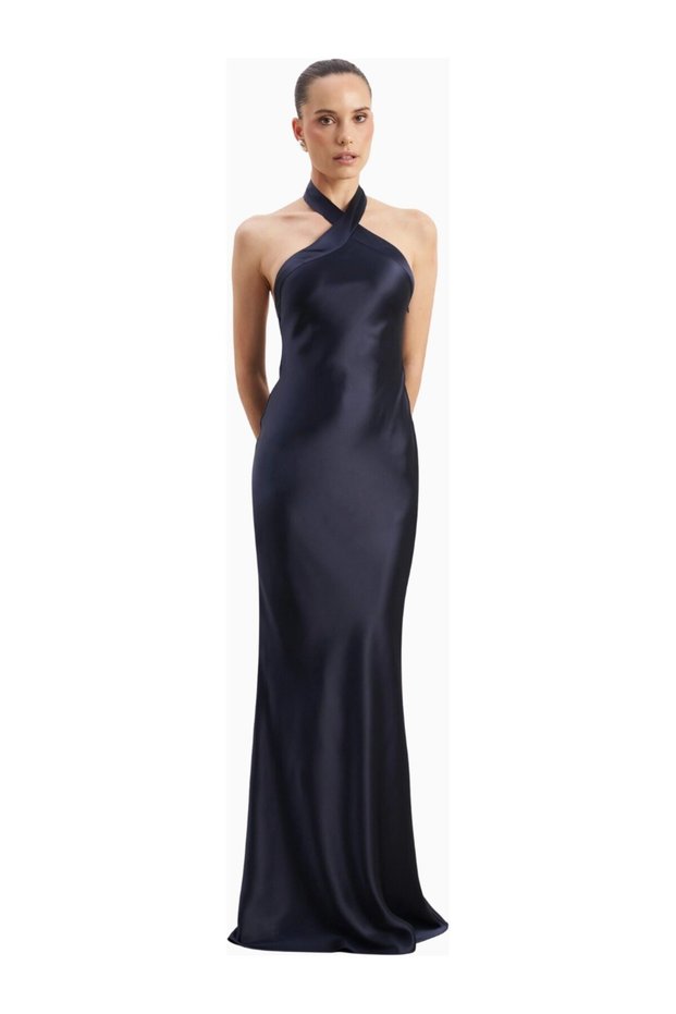 Satin Cross Strap Halter Gown Maxi Women's Dress