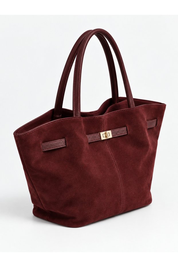 Burgundy Women's Genuine Suede Large Size Lockable Shoulder Bag