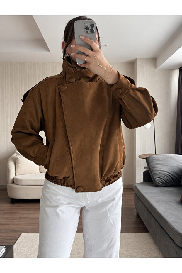 High Collar Double Breasted Buttoned Suede Jacket