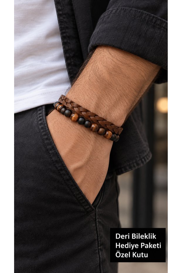 Hervano Earthline Beads Brown Leather Men's Bracelet - Earth Tone Beads and Weave