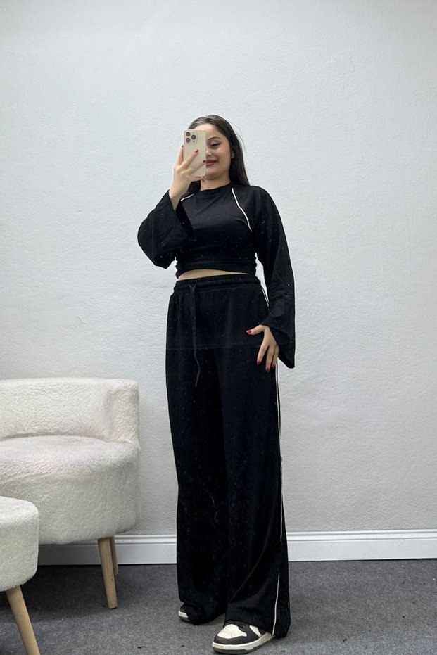 Women's Modal Suit with Side Gathered Details in Black