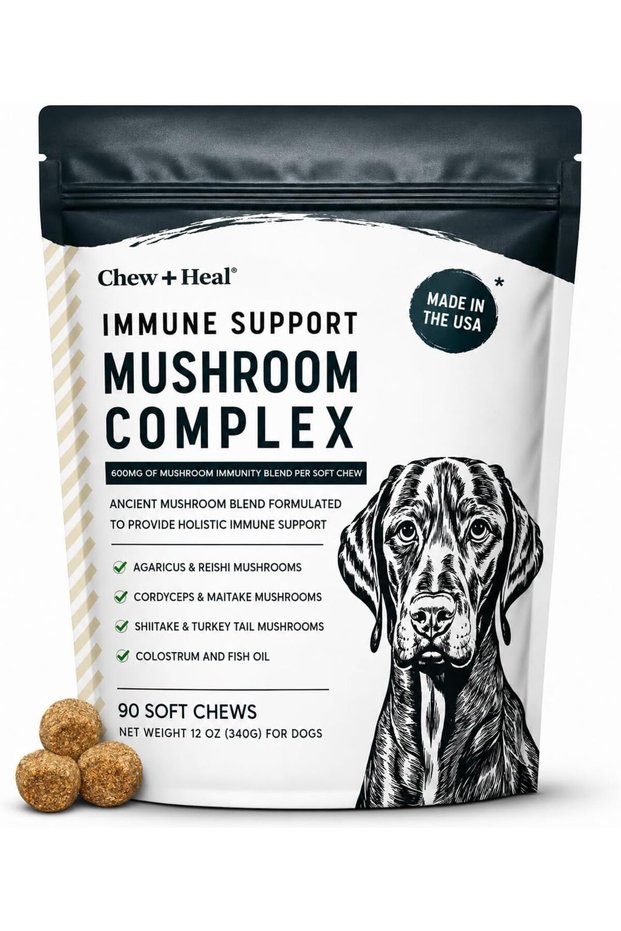 Immune Support Mushroom Complex, 90 Soft Chews - Mushroom Supplement for Dogs with Organic Turkey Tail, Shiitake, Reishi, Colostrum, and Fish Oil - Made in The USA