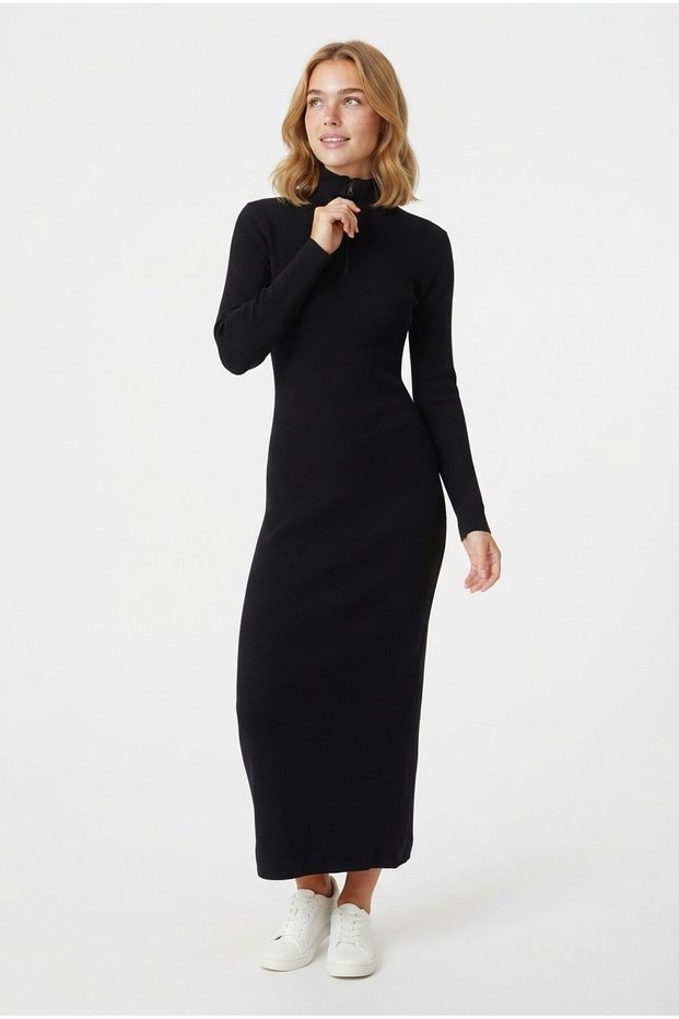 Women's Stand Collar Half Zipper Long Sleeve Ribbed Camisole Fabric Stylish Casual Dress
