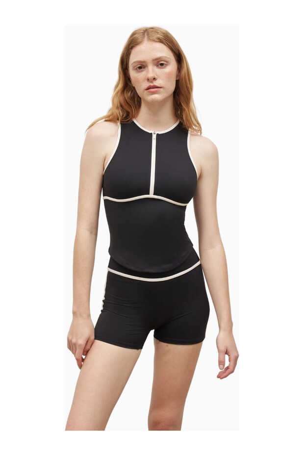 Base Contrast Trim Sleeveless Zip up Shapewear Zipper Women's Top
