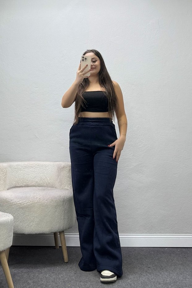 Women's 3 Threaded Threaded Loose Sweatpants Navy Blue