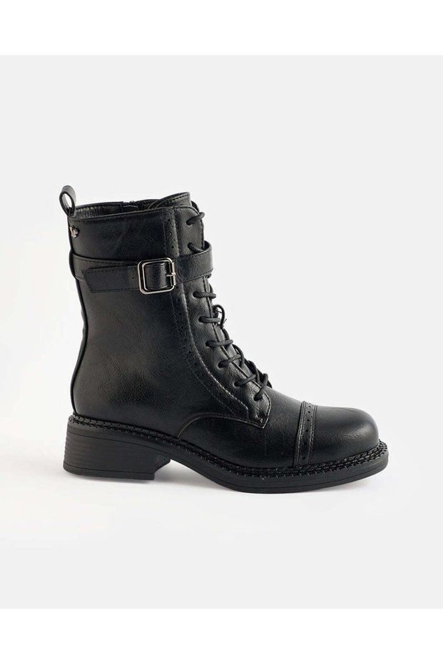 Women Black Buckle Detail Biker Boots