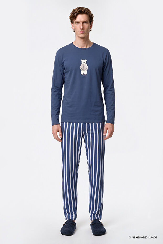 Men's Indigo 2-Piece 100% Cotton Soft Textured Striped Pajama Set with Side Pockets