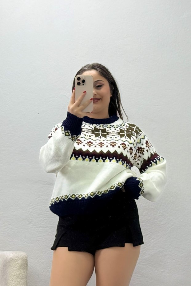 Women's Patterned Knitwear Sweater White Khaki
