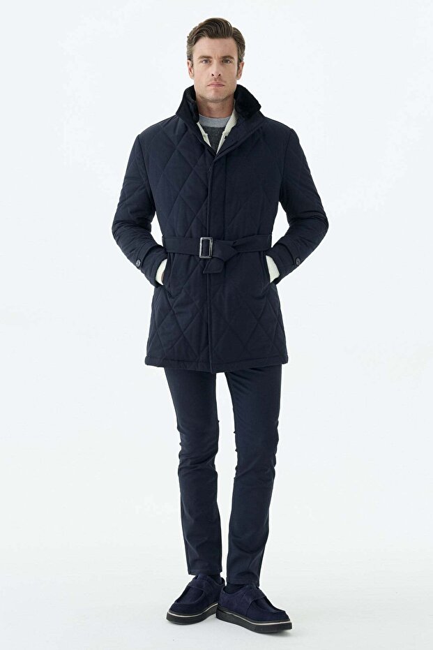 Navy Blue Comfort Fit Berber Collar Zippered Coat