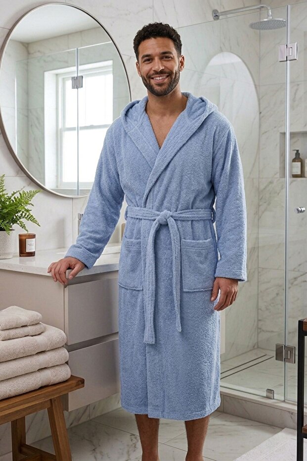 Unisex 100% Cotton Hooded Curly Terry Bathrobe – Below Knee Length