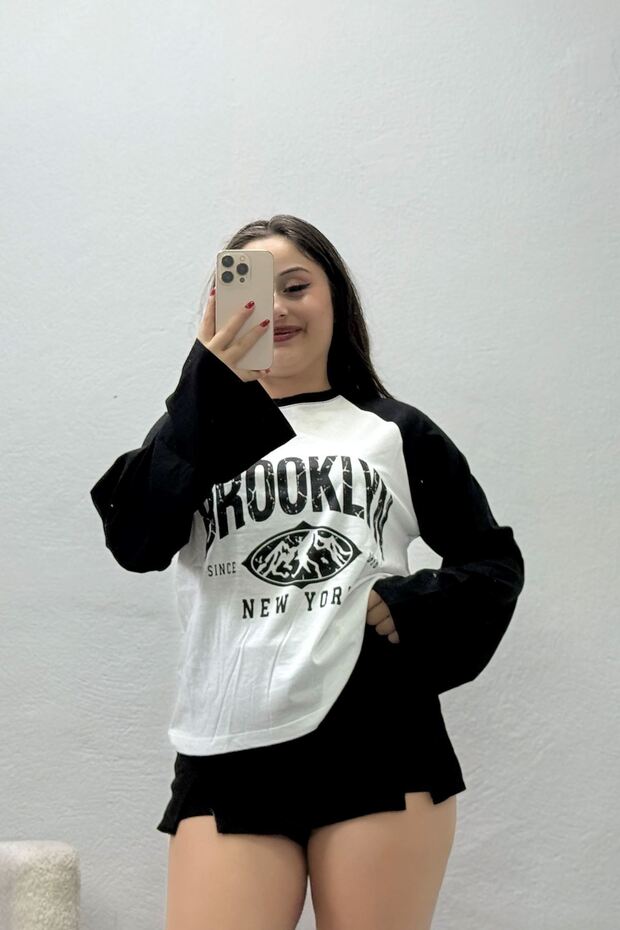 Women's Raglan Sleeve Crew Neck Combed Cotton Sweatshirt Ecrublack