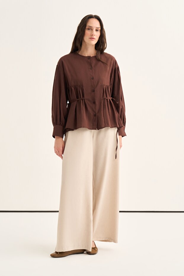 Women's Organic Cotton Drawstring Lace-Up Blouse Brown