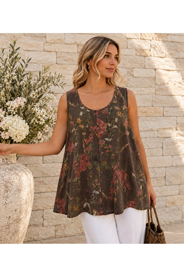 Women's Italian Cotton Fabric Sleeveless Patterned Loose Blouse 44-48