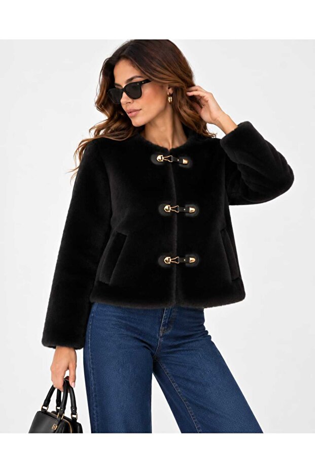 New Season Plush Fur Look Short Women's Jacket with Gold Buckle Pockets
